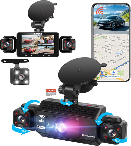 4 Channel Dash Cam 360° View 5G Wifi & APP Control,  2K Front and Rear Inside, Left Right Dash Camera for Cars Free 64GB TF Card, G-Sensor, Night Vision, 24H Parking Mode