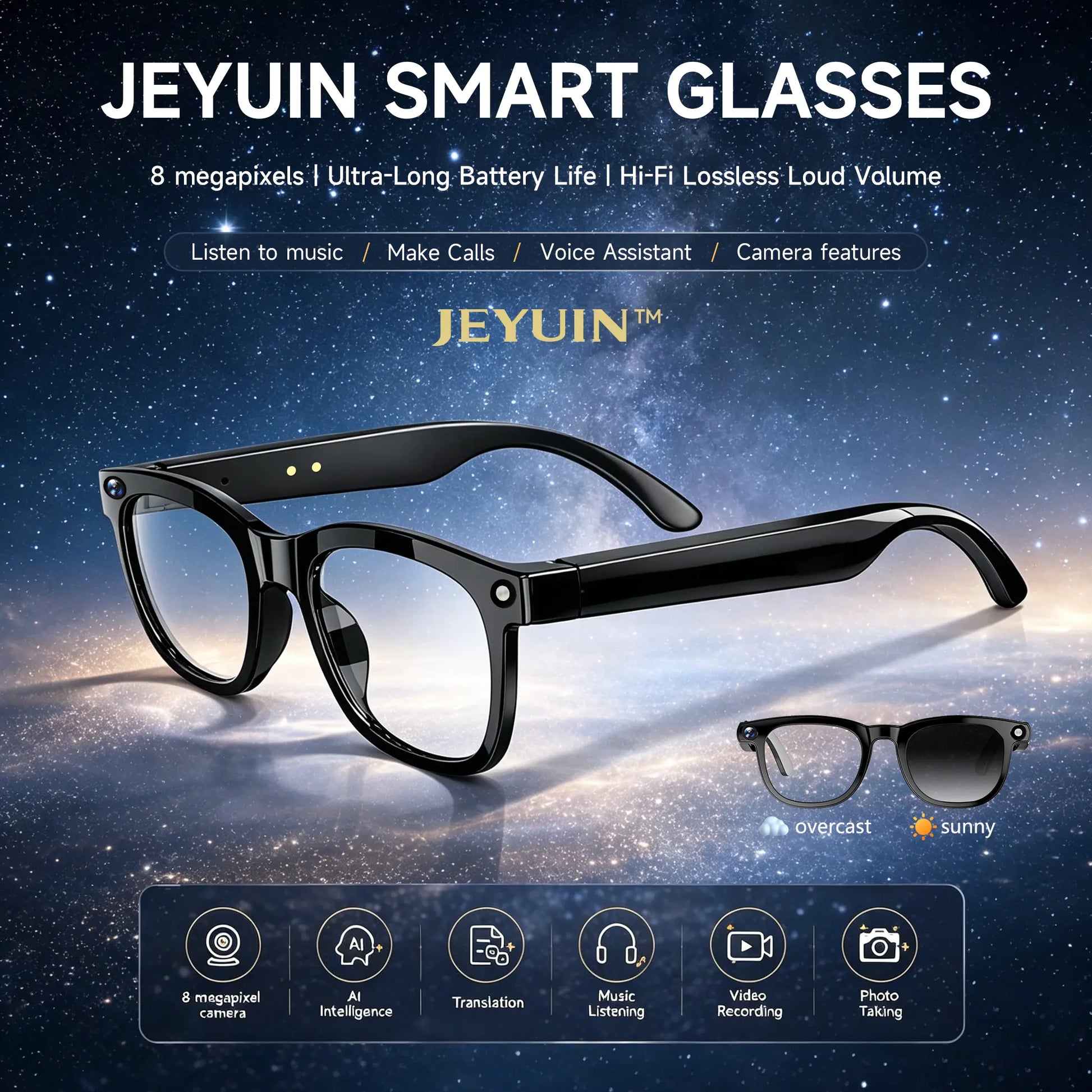 JEYUIN Smart Camera Glasses 8MP HD, Photochromic Auto Tint Lenses,Wireless Bluetooth Audio Sunglasses, Hands-Free Photo Video Recording, Real-Time Translation 160+ Languages, Wifi Wearable for Travel Outdoor Sports Driving Daily Use, Gift for Men Women