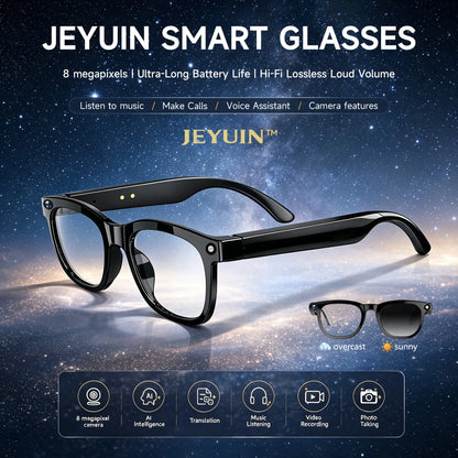 JEYUIN Smart Camera Glasses 8MP HD, Photochromic Auto Tint Lenses,Wireless Bluetooth Audio Sunglasses, Hands-Free Photo Video Recording, Real-Time Translation 160+ Languages, Wifi Wearable for Travel Outdoor Sports Driving Daily Use, Gift for Men Women