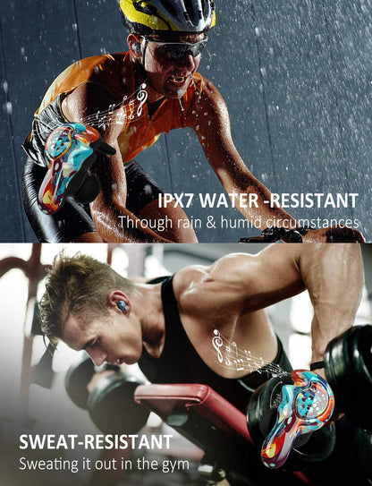 U-King True Wireless Earbuds Waterproof IPX7 Bluetooth Headphones, Hifi 5.0 Wireless Earbuds 120Hrs Playing Time with Charging Case-Fireworks