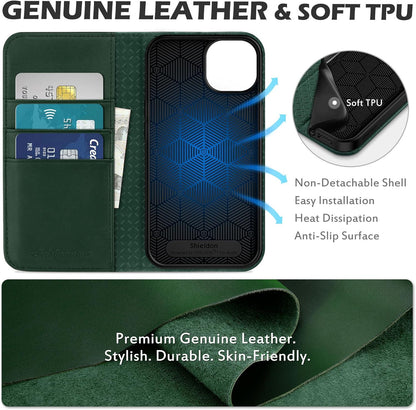 Case for Iphone 13, Genuine Leather Wallet Folding Case with Kickstand RFID Blocking Card Slots Magnetic Shockproof Cover Compatible with Iphone 13 5G (6.1" 2021) - Midnight Green