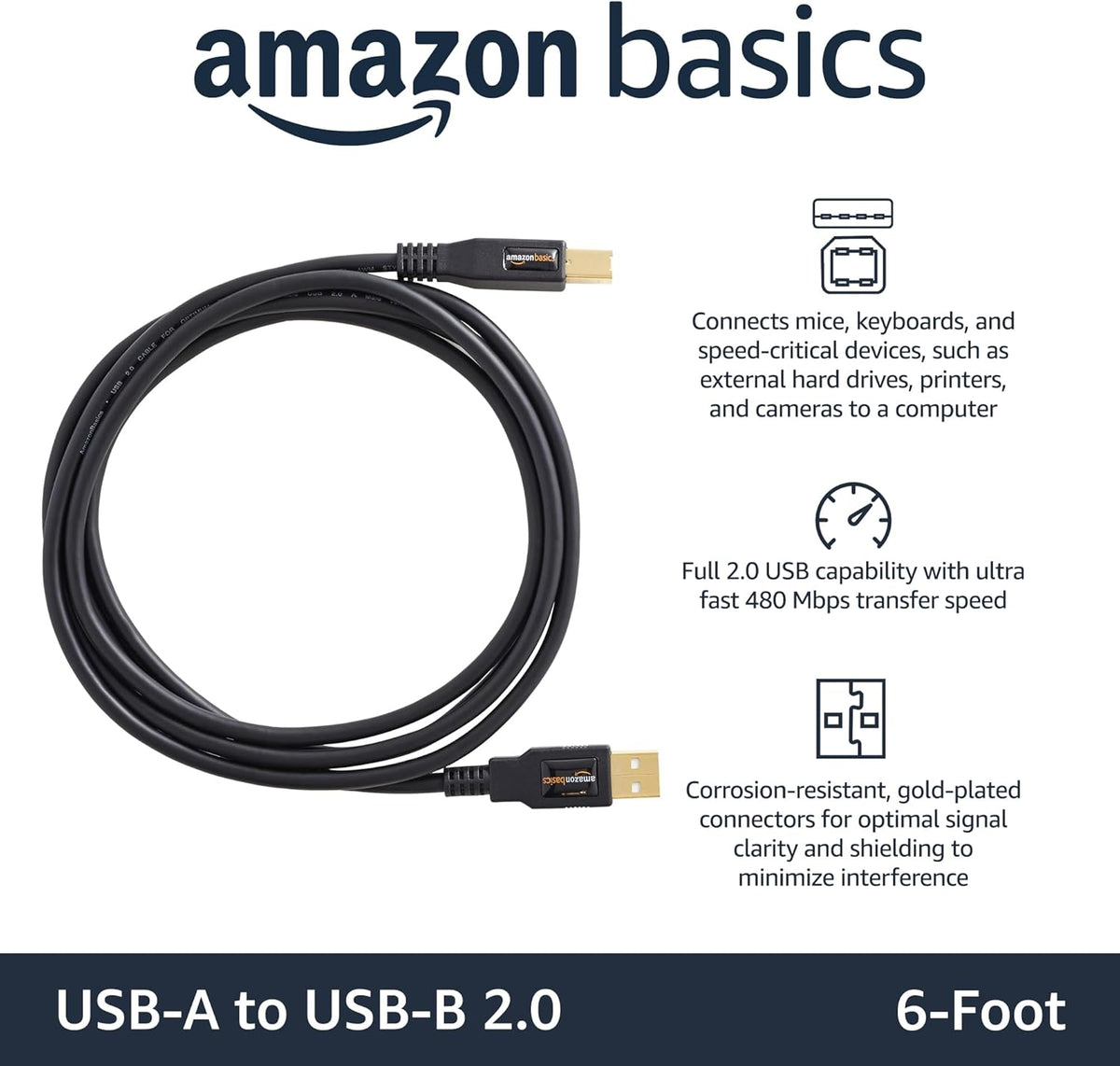 USB 2.0 Cable, USB-A to USB-B, for Printer or External Hard Drive, Connect to Computer/Laptop/Pc, 480 Mbps Transfer Speed, Gold-Plated Connectors, 6 Foot, Black