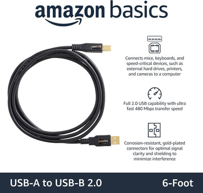 USB 2.0 Cable, USB-A to USB-B, for Printer or External Hard Drive, Connect to Computer/Laptop/Pc, 480 Mbps Transfer Speed, Gold-Plated Connectors, 6 Foot, Black