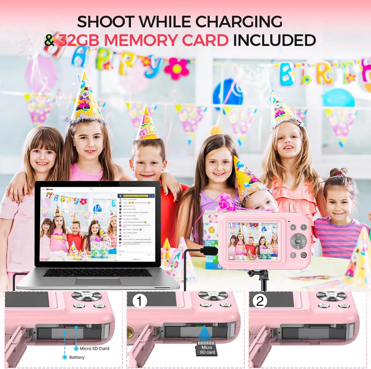 Digital Camera Kids Camera with 32GB Card FHD 1080P 44MP Vlogging Camera 16X Digital Zoom Portable Camera (Pink)