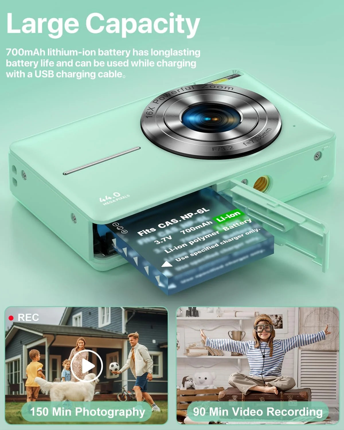 Digital Camera FHD1080P 44MP Portable Camera for Kids 2.4"LCD Screen Small Video Camera with 32G Card