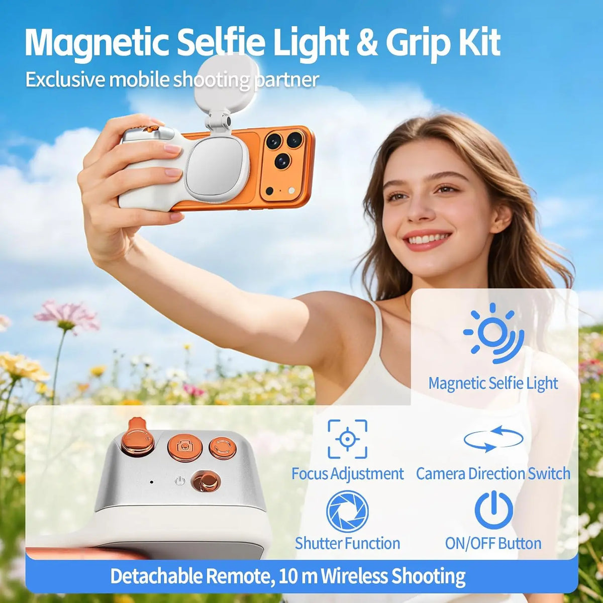 Magnetic Phone Camera Grip, Fun Shot Magnetic Camera Grip & Selfie Light for Iphone & Android with Wireless Shutter Button, Creator Kit for Tiktok/Selfies/Photography/Video
