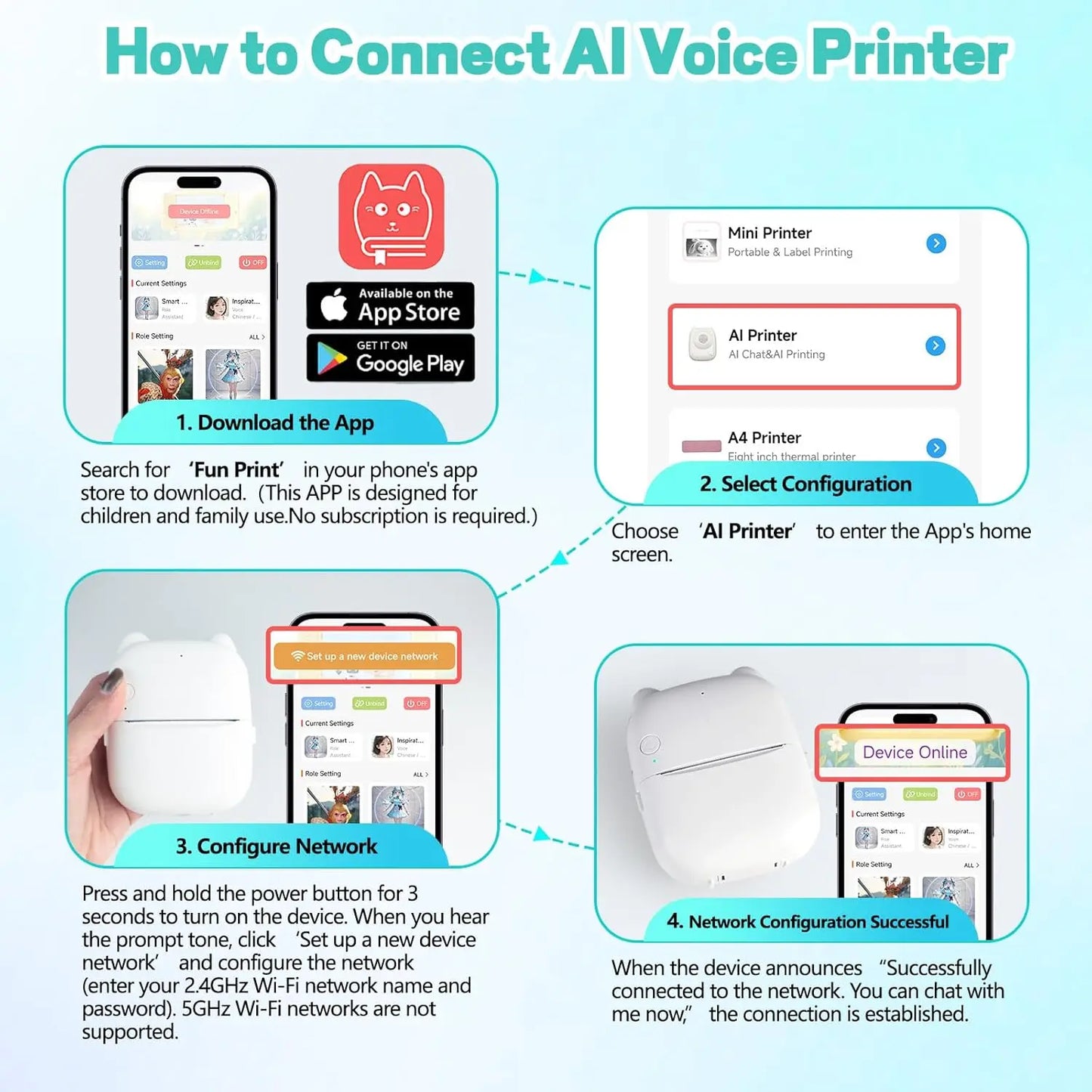 Smart AI Voice Printer with App, Mini Inkless Portable Printer with 1 Roll Paper AI Creative Printing for Kids’ Gifts, DIY Crafts, Study Notes, Pictures & Lists, Ideal for Home, School & Office Organization