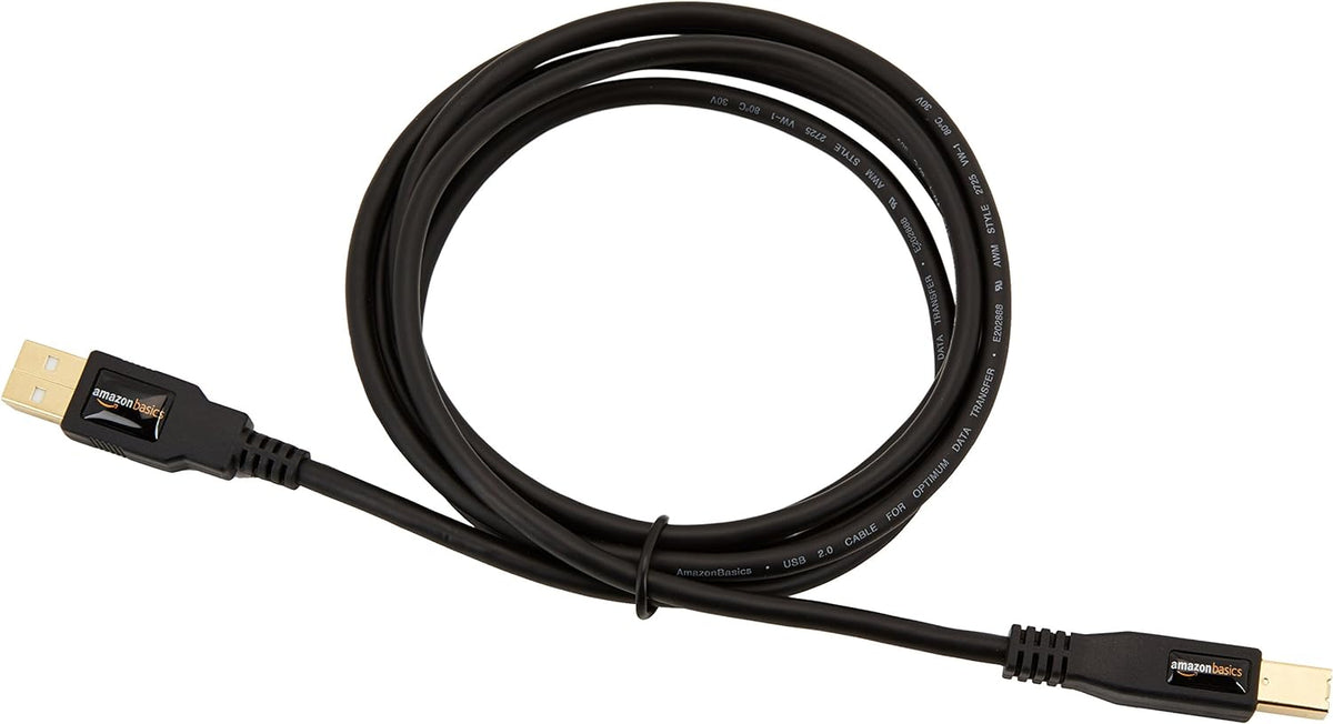 USB 2.0 Cable, USB-A to USB-B, for Printer or External Hard Drive, Connect to Computer/Laptop/Pc, 480 Mbps Transfer Speed, Gold-Plated Connectors, 6 Foot, Black