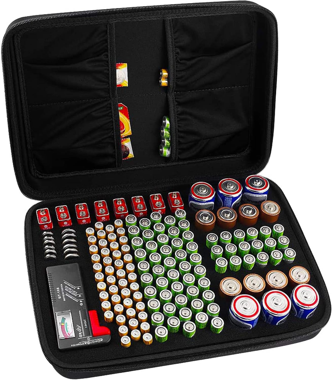 Battery Organizer Storage Case, Battery Vault Carrying Container Bag Holder - Holds 148+ Batteries AA AAA AAAA C D 9V Button Cell - with BT-168 Tester for Home&Garage- Black(Box Only)
