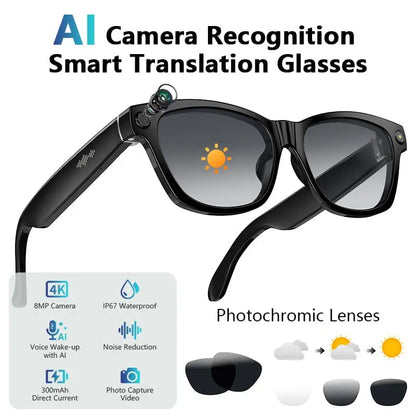 BV100 8MP Camera Glasses Smart Glasses with AI Translator 165+ Languages for Travel Photochromic Lenses Outdoor