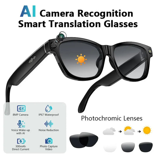 BV100 8MP Camera Glasses Smart Glasses with AI Translator 165+ Languages for Travel Photochromic Lenses Outdoor