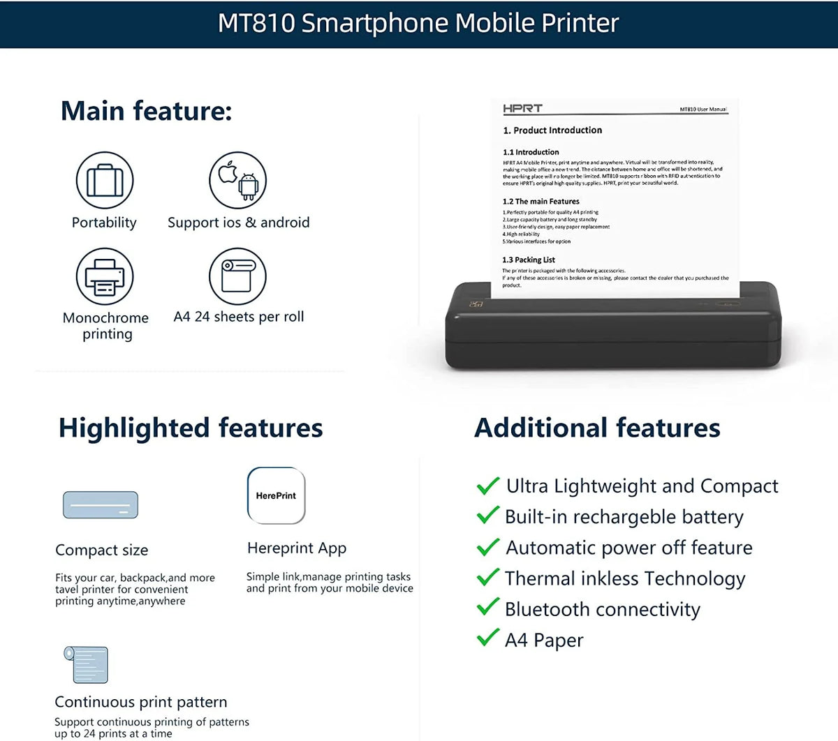 HPRT MT810 Portable Printer, A4 Wireless Bluetooth Travel Printer, Thermal Printer Support 8" & 4" Thermal Roll Paper Suitable for Home Vehincles Office Business