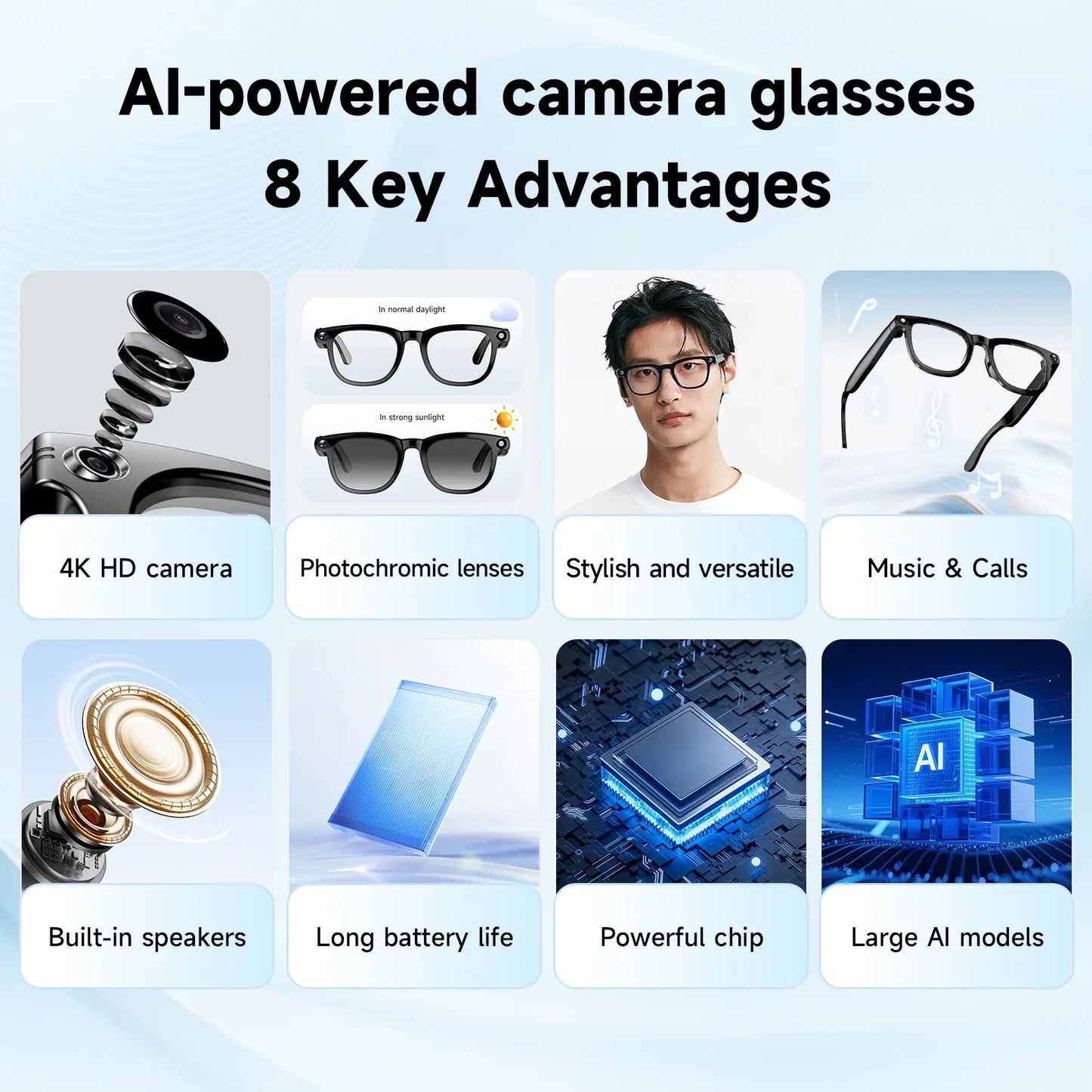 JEYUIN Smart Camera Glasses 8MP HD, Photochromic Auto Tint Lenses,Wireless Bluetooth Audio Sunglasses, Hands-Free Photo Video Recording, Real-Time Translation 160+ Languages, Wifi Wearable for Travel Outdoor Sports Driving Daily Use, Gift for Men Women