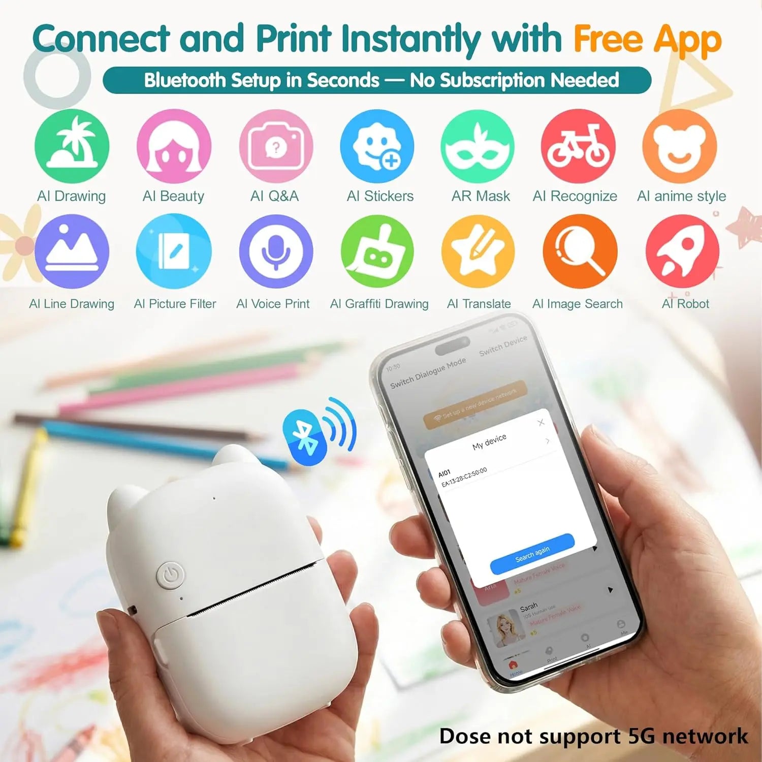 Smart AI Voice Printer with App, Mini Inkless Portable Printer with 1 Roll Paper AI Creative Printing for Kids’ Gifts, DIY Crafts, Study Notes, Pictures & Lists, Ideal for Home, School & Office Organization