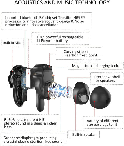 U-King True Wireless Earbuds Waterproof IPX7 Bluetooth Headphones, Hifi 5.0 Wireless Earbuds 120Hrs Playing Time with Charging Case-Fireworks
