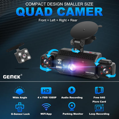4 Channel Dash Cam 360° View 5G Wifi & APP Control,  2K Front and Rear Inside, Left Right Dash Camera for Cars Free 64GB TF Card, G-Sensor, Night Vision, 24H Parking Mode
