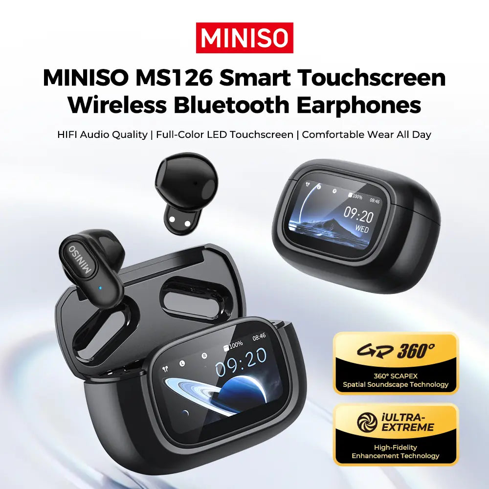 MINISO MS126 Bluetooth 6.0 Earphones,Led Display High Fidelity Waterproof Wireless Earphones, Suitable for Office, Sports, Study and Audio Calls ,Built-In Microphone , Earphones