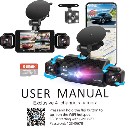 4 Channel Dash Cam 360° View 5G Wifi & APP Control,  2K Front and Rear Inside, Left Right Dash Camera for Cars Free 64GB TF Card, G-Sensor, Night Vision, 24H Parking Mode