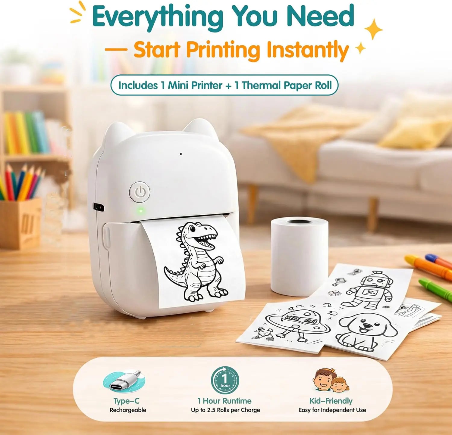 Smart AI Voice Printer with App, Mini Inkless Portable Printer with 1 Roll Paper AI Creative Printing for Kids’ Gifts, DIY Crafts, Study Notes, Pictures & Lists, Ideal for Home, School & Office Organization