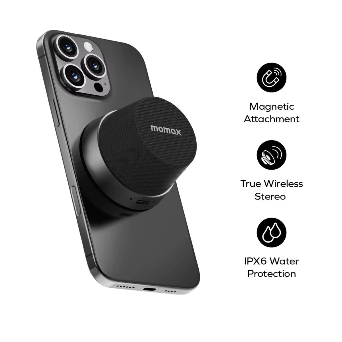 MOMAX 1-Vibe Go: Magnetic Wireless Speaker & Phone Stand with IPX6 Waterproof Protection