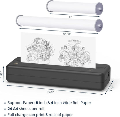 HPRT MT810 Portable Printer, A4 Wireless Bluetooth Travel Printer, Thermal Printer Support 8" & 4" Thermal Roll Paper Suitable for Home Vehincles Office Business