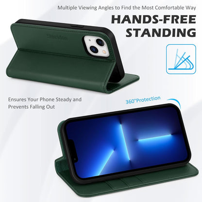 Case for Iphone 13, Genuine Leather Wallet Folding Case with Kickstand RFID Blocking Card Slots Magnetic Shockproof Cover Compatible with Iphone 13 5G (6.1" 2021) - Midnight Green