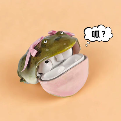 Ugly Frog Handmade Earphone Case for Airpod Cute Funny Pink Bow Frog Earphone Protective Cover Creative Design Gift for Friends