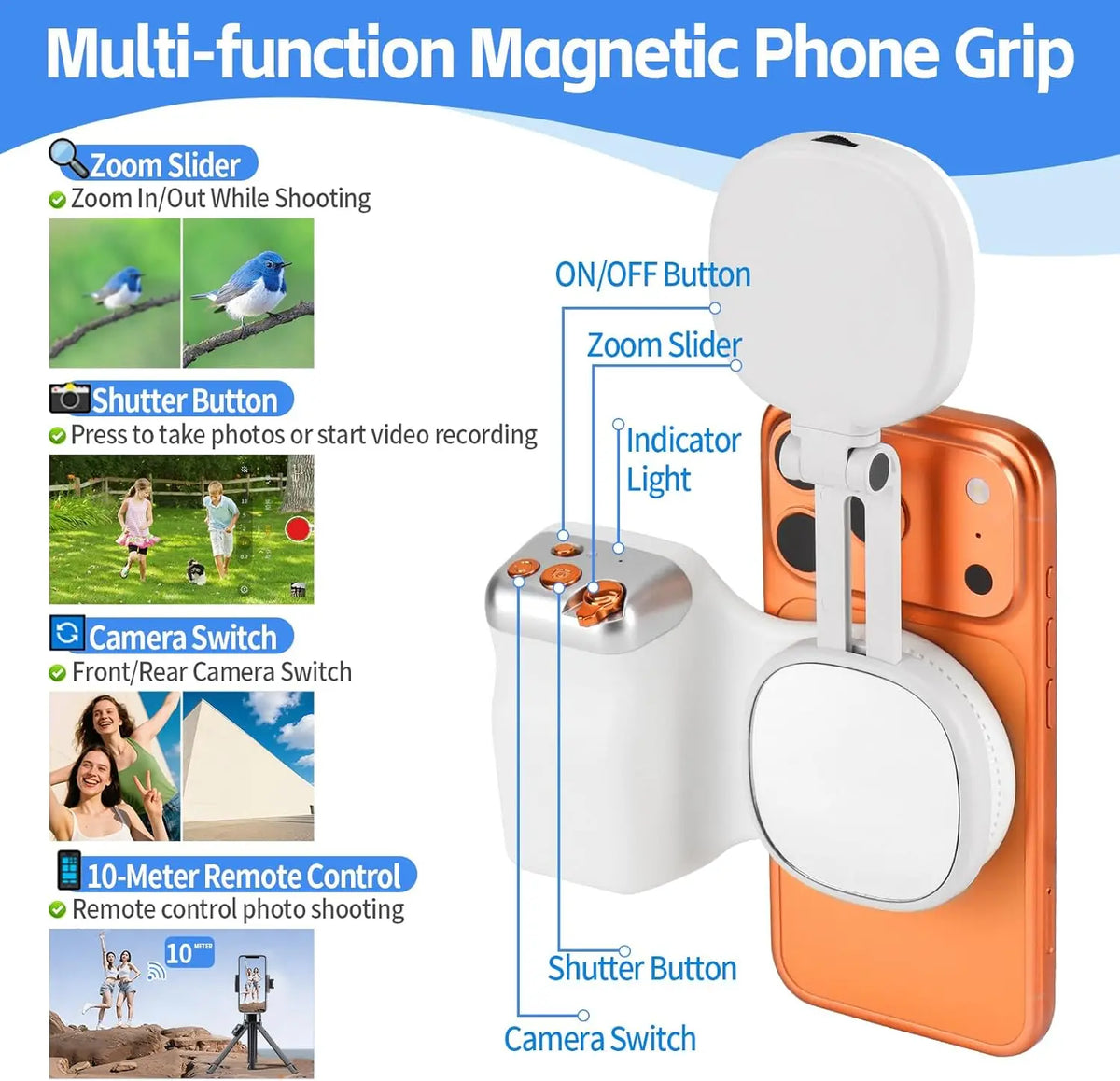 Magnetic Phone Camera Grip, Fun Shot Magnetic Camera Grip & Selfie Light for Iphone & Android with Wireless Shutter Button, Creator Kit for Tiktok/Selfies/Photography/Video
