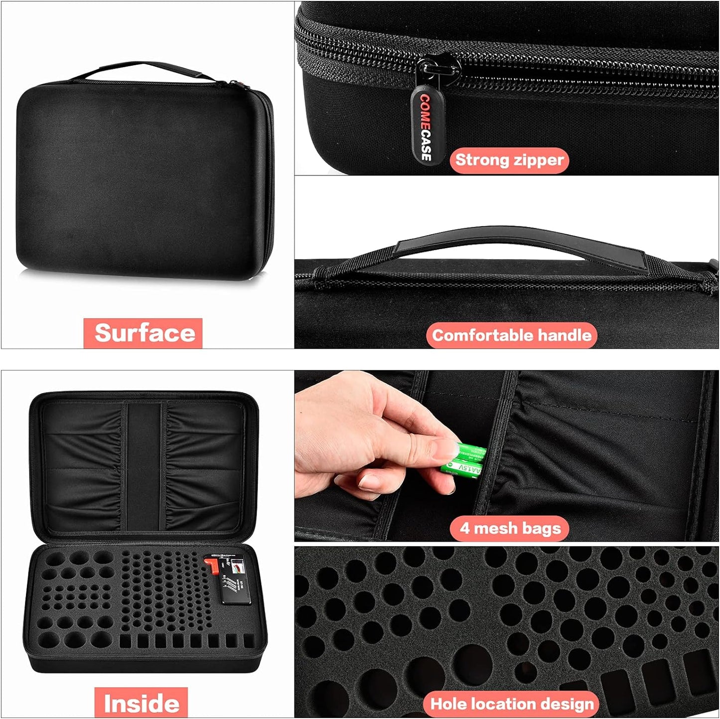 Battery Organizer Storage Case, Battery Vault Carrying Container Bag Holder - Holds 148+ Batteries AA AAA AAAA C D 9V Button Cell - with BT-168 Tester for Home&Garage- Black(Box Only)
