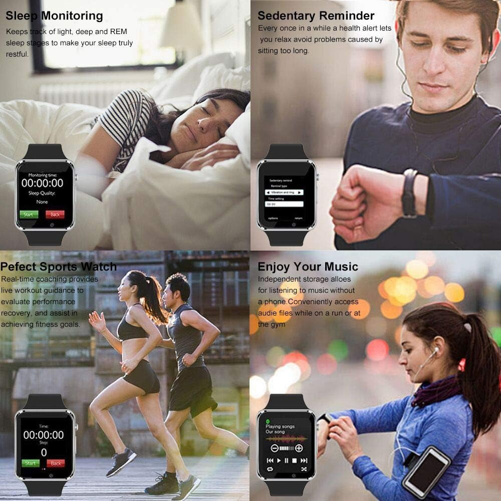 Smart Watch Bluetooth Watch Support Make/Answer Phones Receive/View Messages Compatible Iphone Android Ios Phones with Camera Pedometer SIM SD Card Slot for Men Women Kids (Silver)