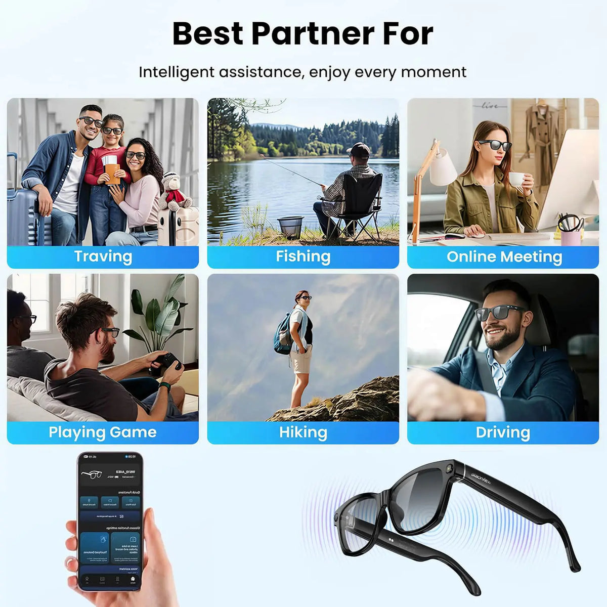 BV100 8MP Camera Glasses Smart Glasses with AI Translator 165+ Languages for Travel Photochromic Lenses Outdoor