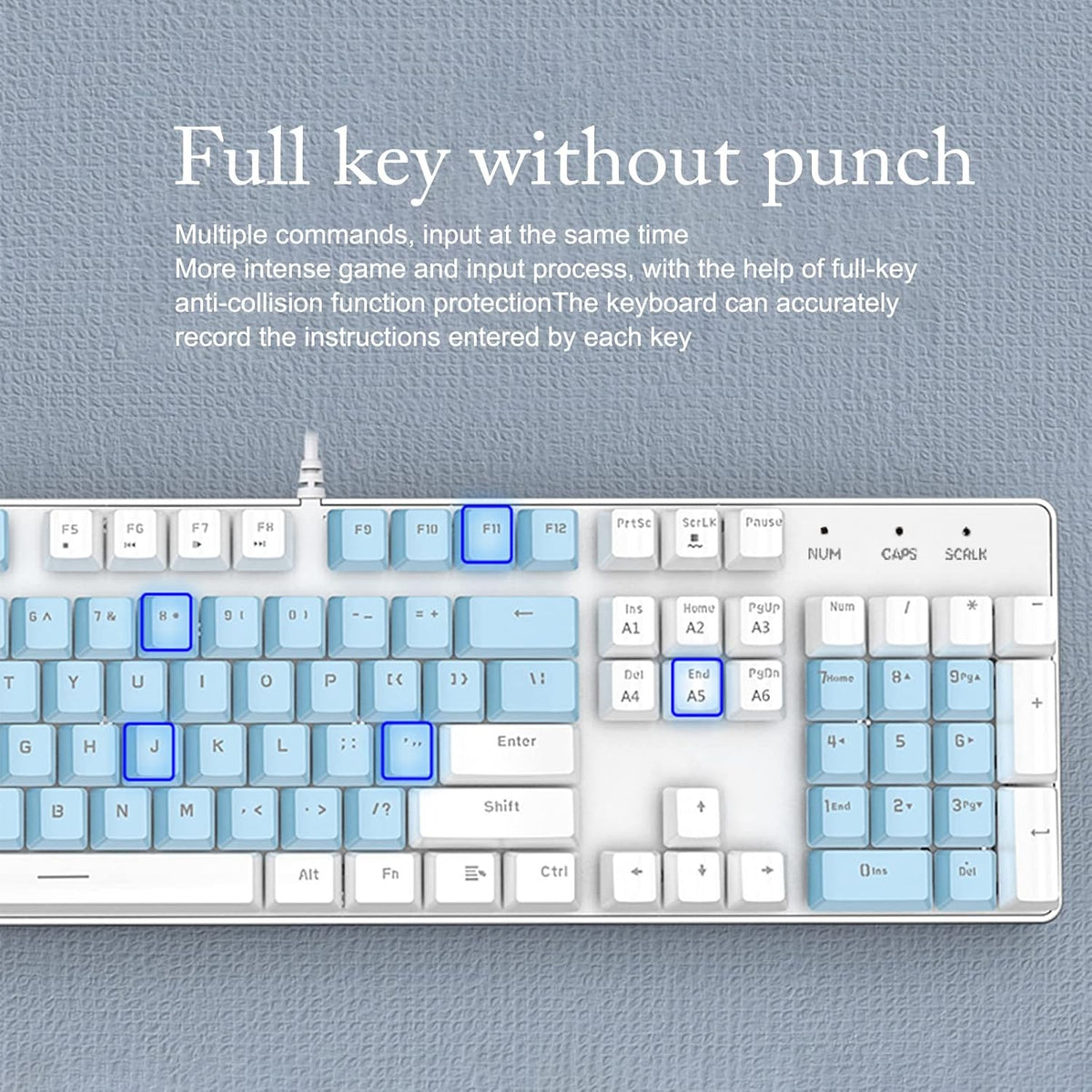 Mechanical Gaming Keyboard with Rainbow LED Backlit, 104-Key Anti-Ghosting Blue Switch Metal Panel Light up Keyboard Ergonomic Design Wired USB for PC, Laptop, Mac (Blue-White)