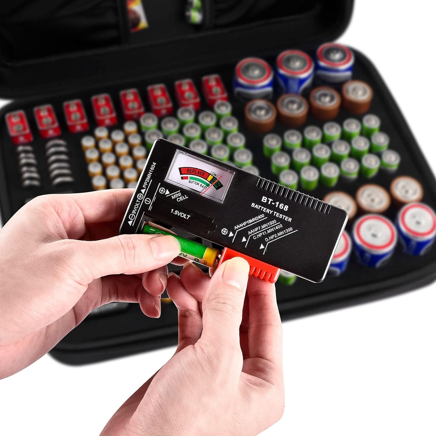 Battery Organizer Storage Case, Battery Vault Carrying Container Bag Holder - Holds 148+ Batteries AA AAA AAAA C D 9V Button Cell - with BT-168 Tester for Home&Garage- Black(Box Only)