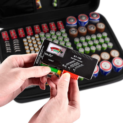 Battery Organizer Storage Case, Battery Vault Carrying Container Bag Holder - Holds 148+ Batteries AA AAA AAAA C D 9V Button Cell - with BT-168 Tester for Home&Garage- Black(Box Only)
