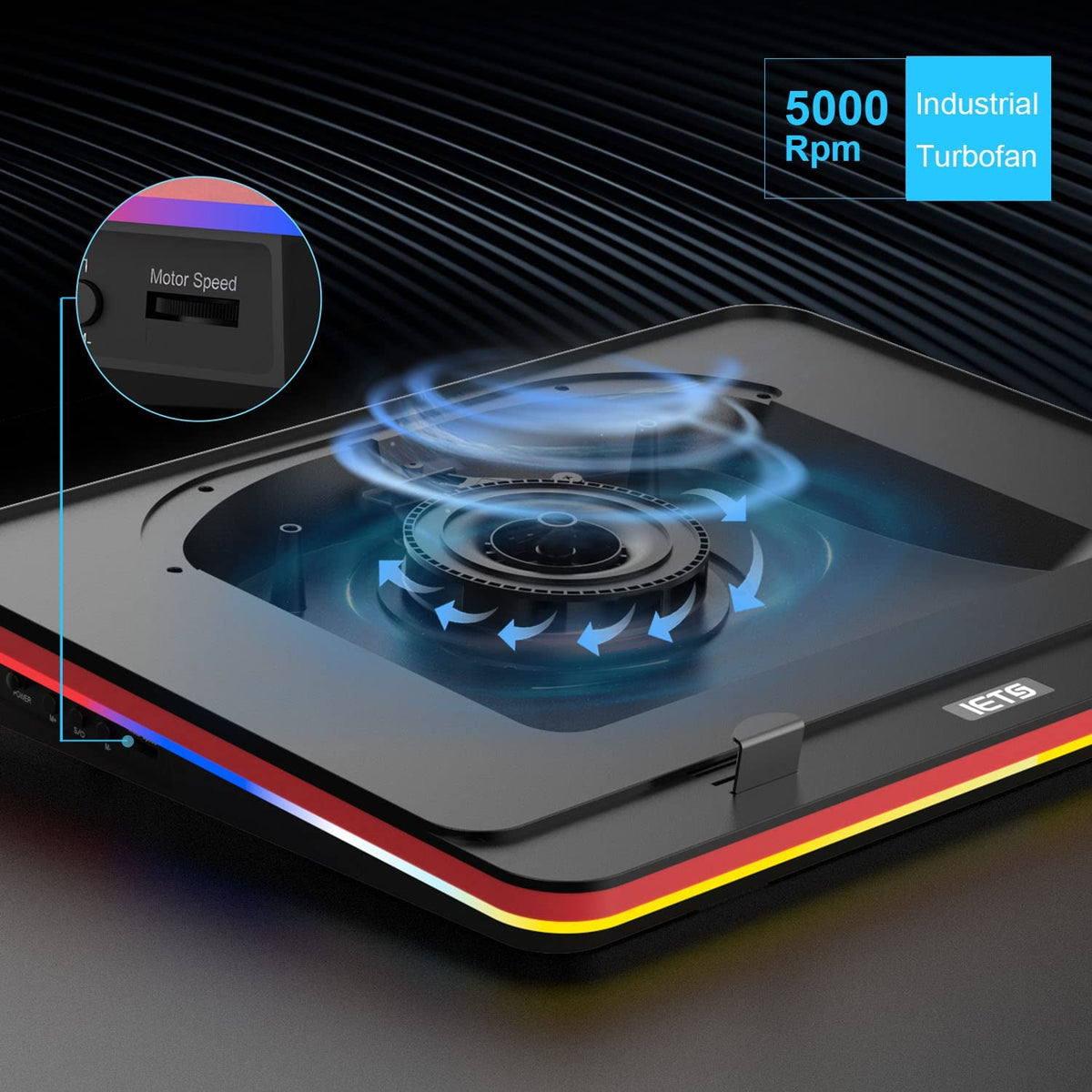 GT500 Powerful Turbo-Fan (5000 RPM) RGB Laptop Cooling Pad with Infinitely Variable Speed,Seal Foam for Rapid Cooling Gaming Laptop,Dust Filter for Protect Laptop,13-17.3Inch Laptop Cooler