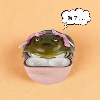 Ugly Frog Handmade Earphone Case for Airpod Cute Funny Pink Bow Frog Earphone Protective Cover Creative Design Gift for Friends
