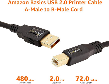 USB 2.0 Cable, USB-A to USB-B, for Printer or External Hard Drive, Connect to Computer/Laptop/Pc, 480 Mbps Transfer Speed, Gold-Plated Connectors, 6 Foot, Black